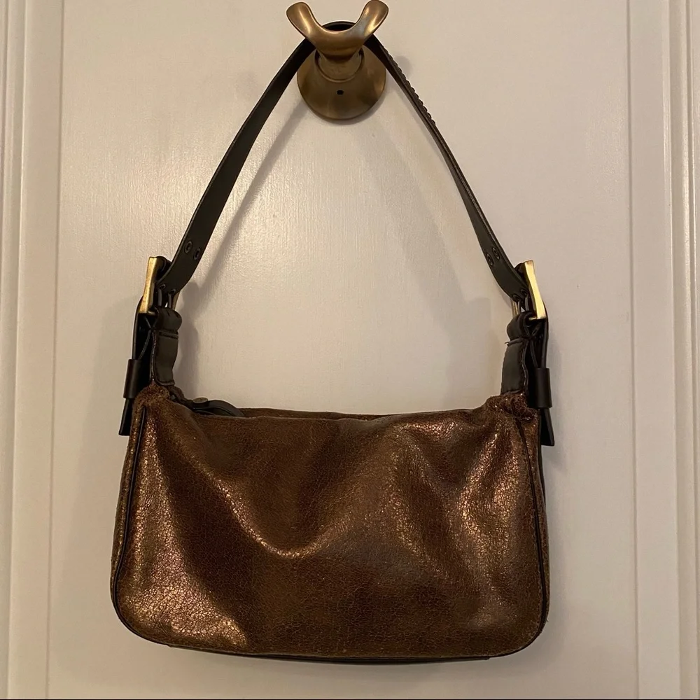 DONALD J. PLINER BAG SHOULDER BRONZE GOLD TEXTURED DARK BROWN LEATHER ZIP TOP